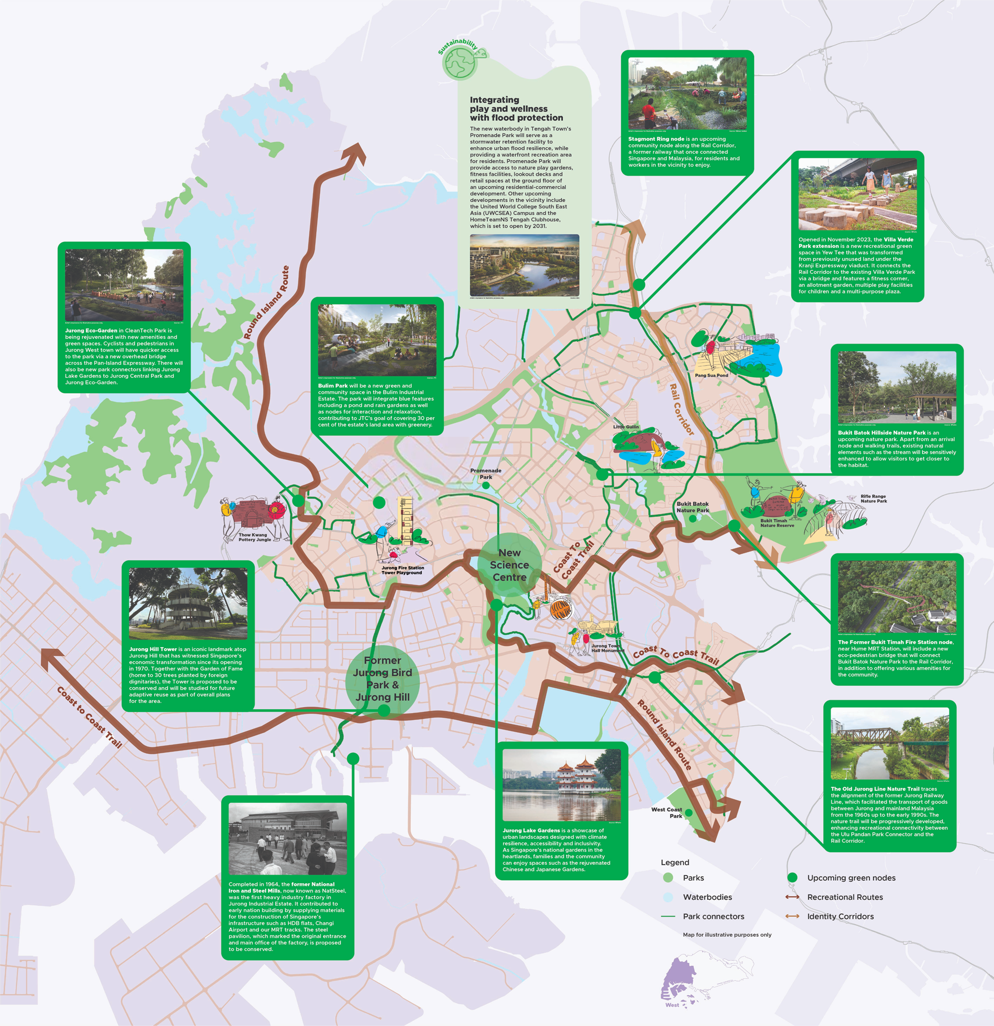 Map of recreational routes and green spaces in Singapore, including parks, waterbodies, and park connectors.